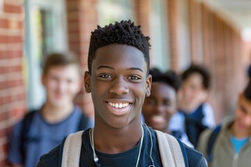 Naklejka premium Black Teen Smiling. Happy Male High School Student Portrait Outside College Building