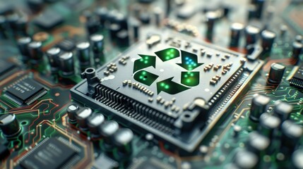 CPU Circuit Board. Eco-Friendly Technology Concept with Reusing Symbol on a Futuristic Motherboard