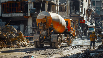 A cement mixer truck is driving down a road in a city