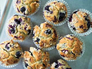 top view golden brown baked blueberry muffins