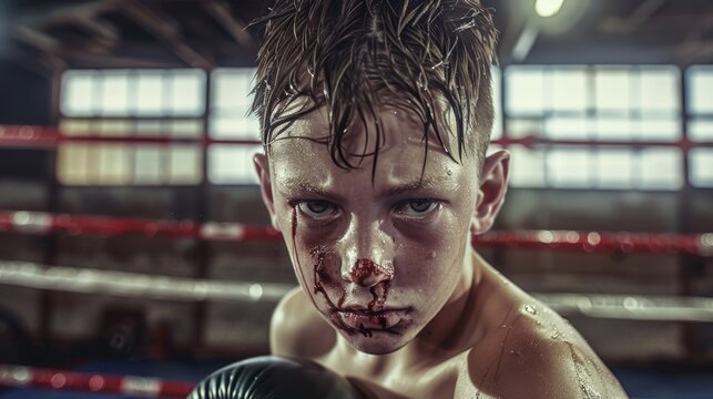 A realistic photo of a teenage boxer boy with a bleeding nose, black eye and body hanging in a boxing ring.