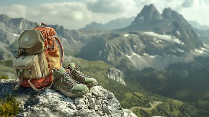 Obraz premium Sneakers and a rucksack to the top of a mountain very detailed and realistic shape