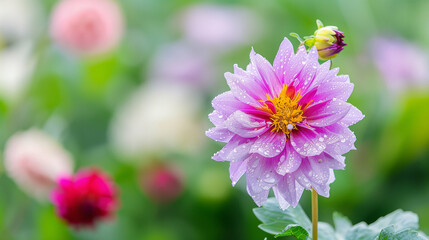 Obraz premium Close-Up of Dew-Dropped Purple Flower Blooming Outdoors. Vivid Colorful Patterns in Floral Gardening
