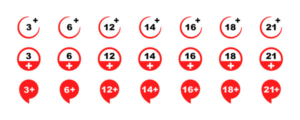 Set of age restriction vector signs. From 3 to 21 years icons set. Adults content icons.