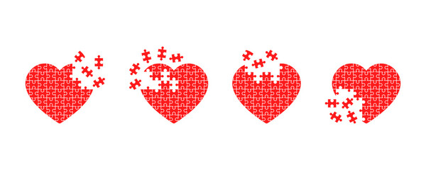 Set of heart puzzle vector icons. Broken pieces jigsaw in love shape. Red puzzle hearts with missing elements. Vector 10 Eps.