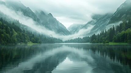 Tranquil lake reflecting towering mountains