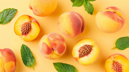 Fresh Peach Photography | Healthy Juicy Fruits with Mint Leaves for Organic Snacking