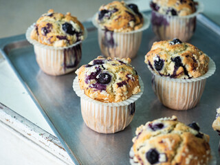 fluffy golden brown baked blueberry crumble muffins