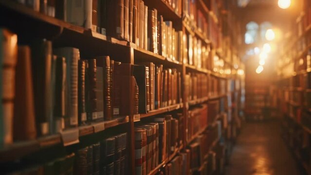 Rows of books in a college, university or school educational library background. Old textbooks on bookshelves. Concept of knowledge, education and learning. Dark academia style.