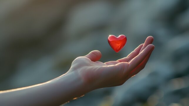 Human hand with a heart-shaped object floating above it. The hand appears to be gently holding the heart, which is glowing with a warm, red light