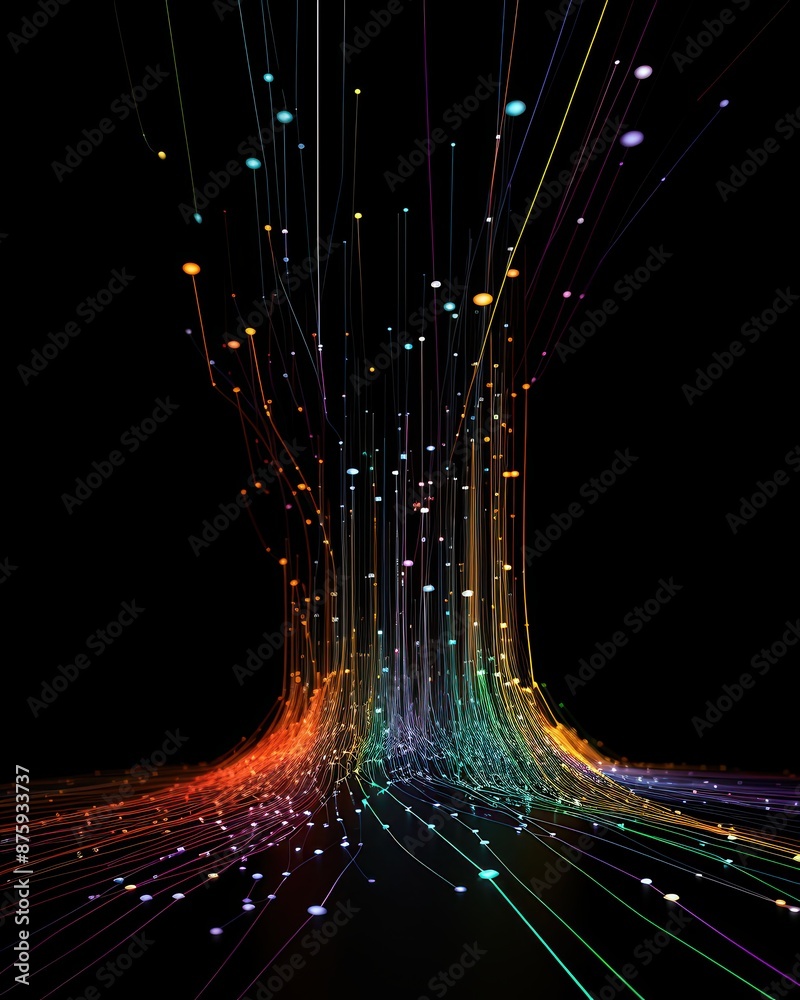 Poster Abstract digital art depicting streams of colorful light lines converging and diverging on a dark background, representing data flow.