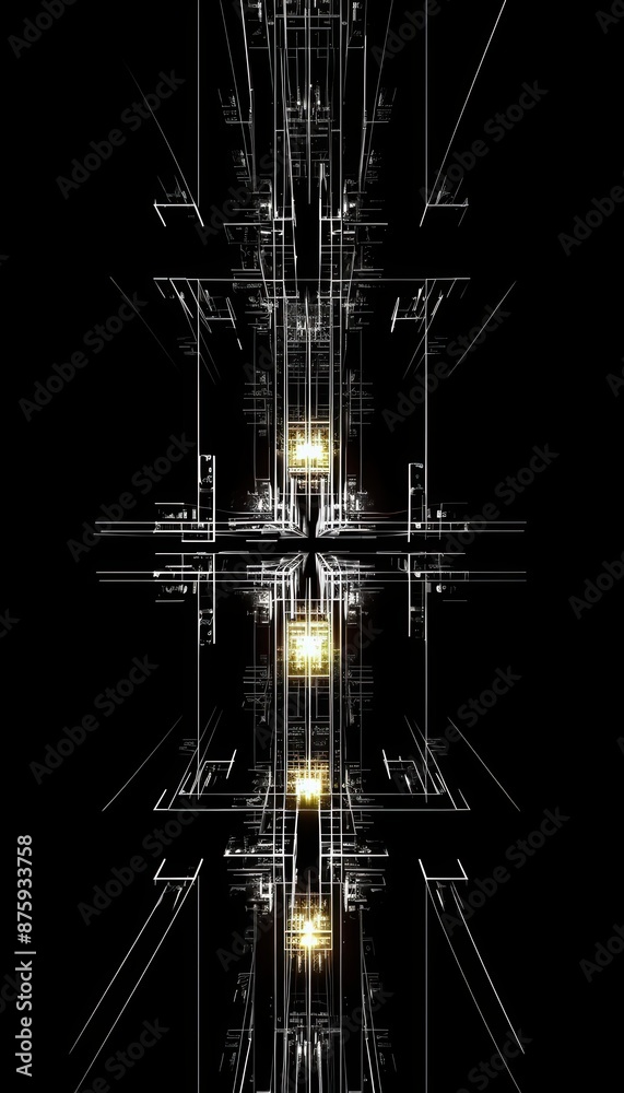 Poster Abstract digital art depicting an intricate geometric pattern with bright yellow highlights on a black background, creating depth and symmetry.
