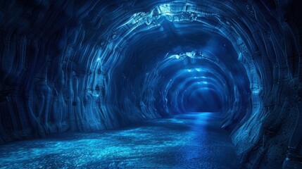 Dark tunnel with textured walls and a sense of depth, illuminated by subtle blue lighting, 3d rendering.