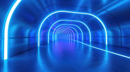 Naklejka premium Futuristic neon-lit tunnel with a cool blue hue, featuring sleek, curved walls and a dynamic perspective, 3d rendering.