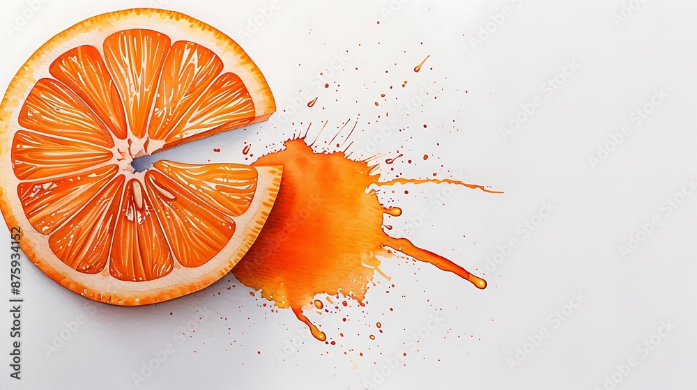 Poster Create a basic watercolor image of a fresh orange slice with bright, juicy colors and detailed textures. copy space for text, focus cover all aspects, deep depth of field, no dust