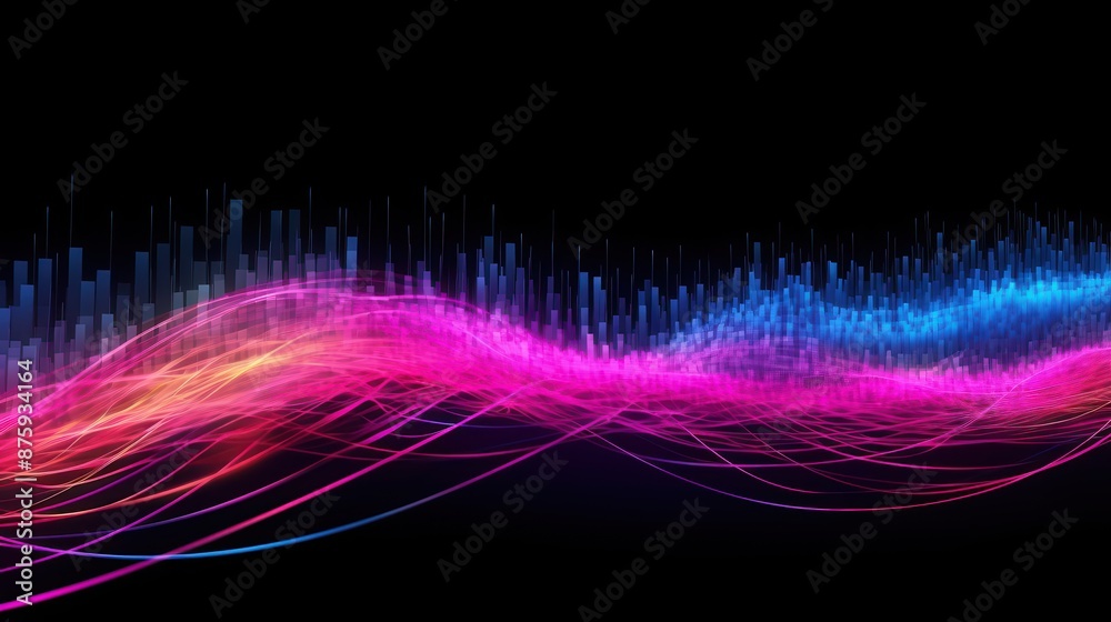 Poster vibrant abstract waves in pink and blue hues on a black background, creating a dynamic and colorful 