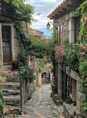 Fototapeta premium A narrow alley with stone houses and flowers