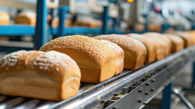 bread on conveyor belt rollers or production line, automated industrial factory manufacture
