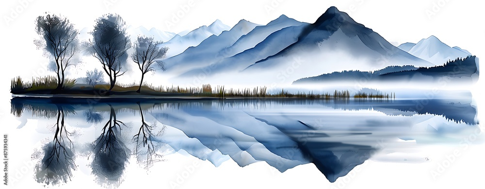 Canvas Prints design a basic watercolor scene of a tranquil lake with reflections of trees and mountains, emphasiz