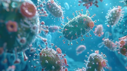 Fototapeta premium Large groups of germs with blue background, 3d rendering. Swirling clusters of germs set against a vivid blue background, highlighting their diverse shapes and intricate details.