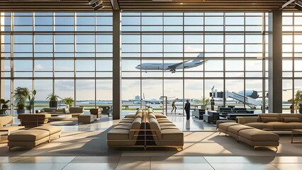 Empty airport terminal lounge with airplane on background