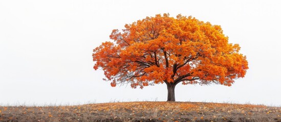 Lone Tree with Orange Foliage in Autumn. A solitary tree with vibrant orange leaves stands on a barren field, capturing the essence of autumn against a white sky. Banner with copy space