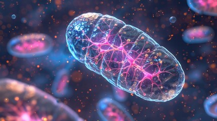 Fototapeta premium Cross-section view of mitochondria, showing internal structures and medical infographics, 3d rendering.
