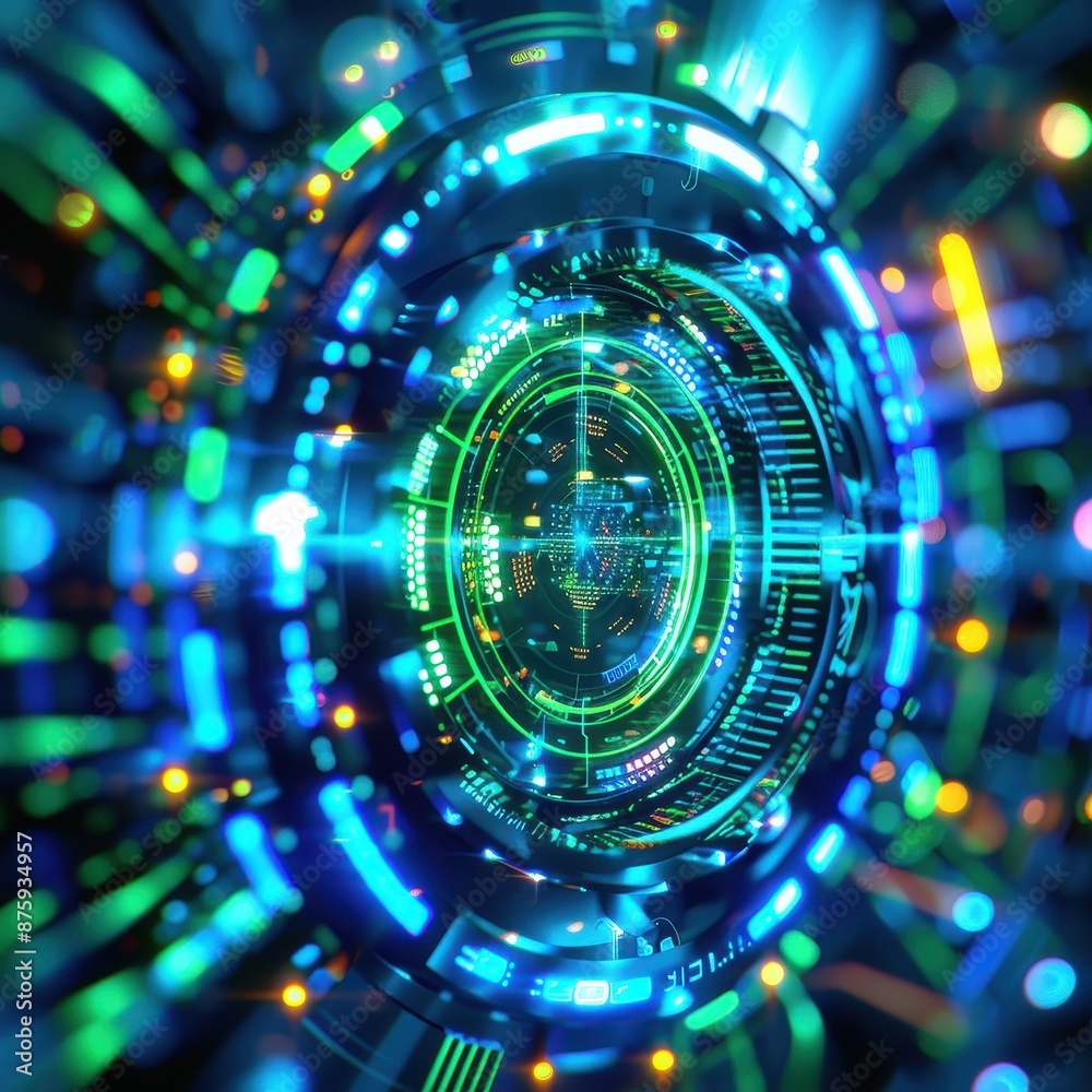 Leinwandbilder futuristic technology background with neon lights and virtual elements, resembling a digital interfa