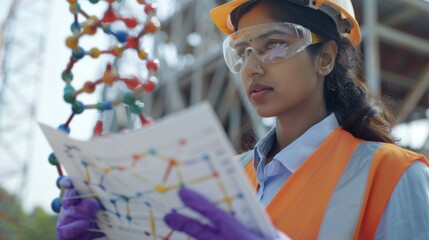 Female engineer working in molecular science, DNA molecular model structure, business teamwork concept. India