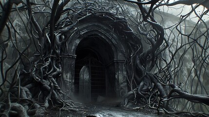 Standing before an entryway enclosed by bizarre black thorny roots very detailed and realistic shape