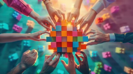 Diverse hands coming together to build a colorful puzzle, symbolizing teamwork and collaboration in a creative and vibrant setting.