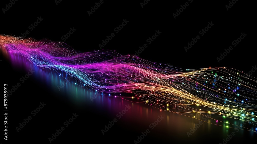 Poster Colorful streaks of light trails creating a vibrant wave pattern against a dark background, illustrating concepts of technology and energy.