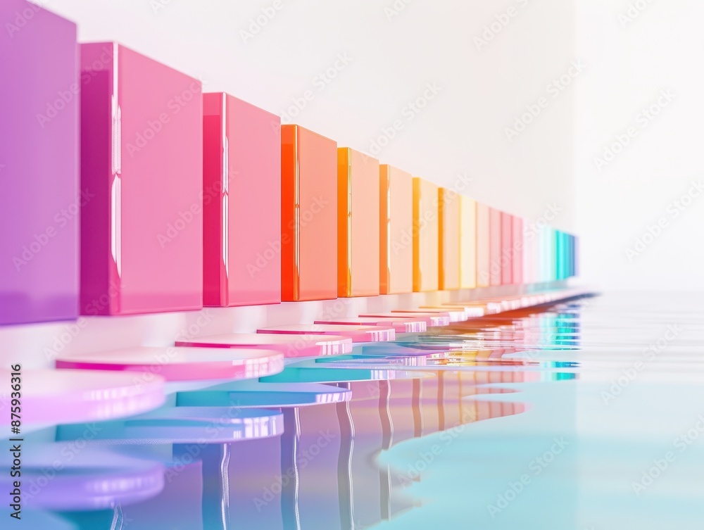 Poster colorful abstract geometric shapes reflecting on water, creating a symmetrical, pastel-toned visual 