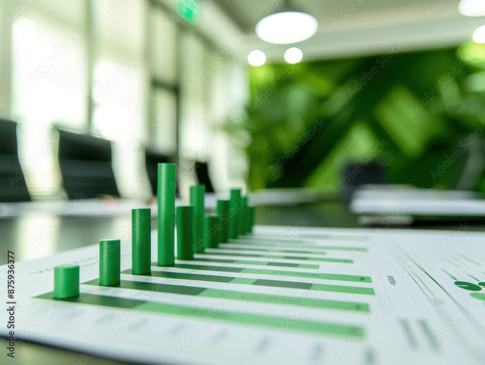 Poster close-up of a green bar chart on a desk in a modern office, illustrating business data and financial