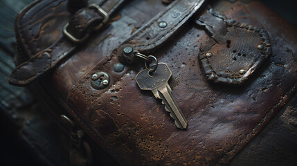 A key is sitting on a leather bag