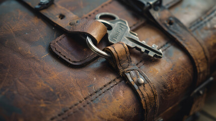 A key is sitting on a leather bag