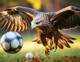 Obraz premium An eagle is captured in mid-flight, eyes locked on a soccer ball in front of it. The scene _1(93)