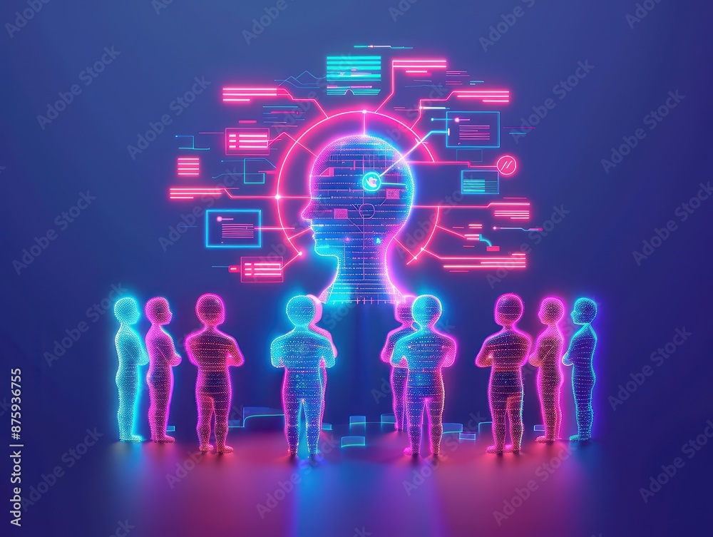 Aufkleber artificial intelligence conceptual image with neon figures analyzing data visualization and futurist