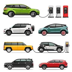 Fototapeta premium Six Electric Cars with Charging Stations