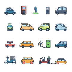 Set of Colorful Icons for Cars, Scooters and Electric Charging Stations