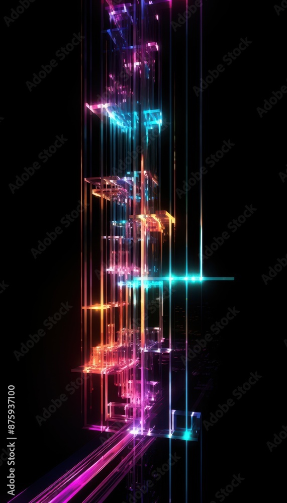 Leinwandbilder Abstract neon light art with vibrant colors and vertical lines, creating a futuristic and dynamic visual effect on a dark background.