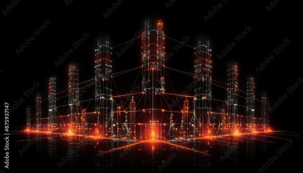 Leinwandbilder abstract futuristic cityscape with glowing lights and interconnected structures on a black backgroun