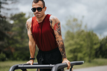 A tattooed, muscular man in sunglasses and a red tank top determinedly exercises on horizontal bars...