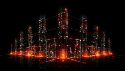 Fototapeta premium Abstract futuristic cityscape with glowing lights and interconnected structures on a black background, representing network and technology.