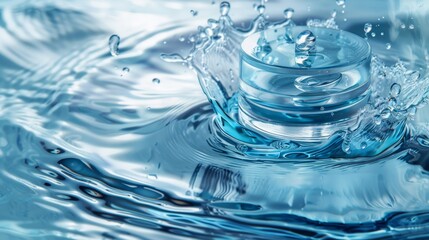 Photo of Splash cosmetic Moisturizer Water Micellar Toner or Emulsion on blue abstract background.