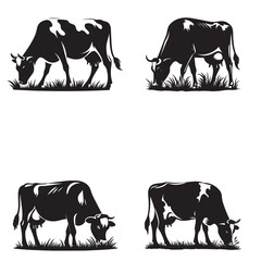 4 sets black of  Cow Grazing silhouette isolated on white background png jpeg eps transparents