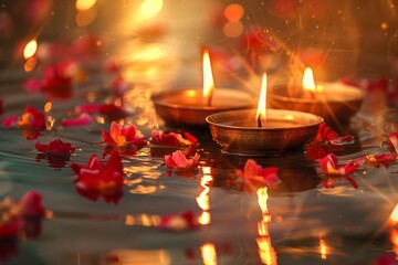 Diya lamps floating on water with flower petals scattered around