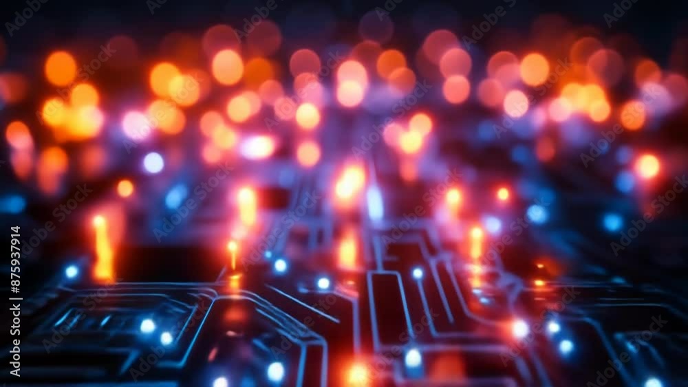 Poster futuristic circuit board with glowing lines and bokeh lights, abstract high-tech data processing and