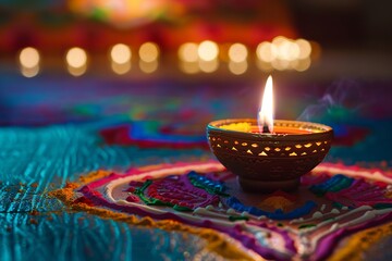 Diya lamp placed in front of a rangoli design