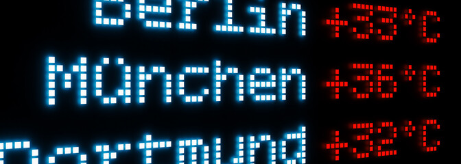 Naklejka premium Heat in Munich, 36 degrees high temperature. Extreme temperature, indicator, display, environment, climate change. 3D illustration